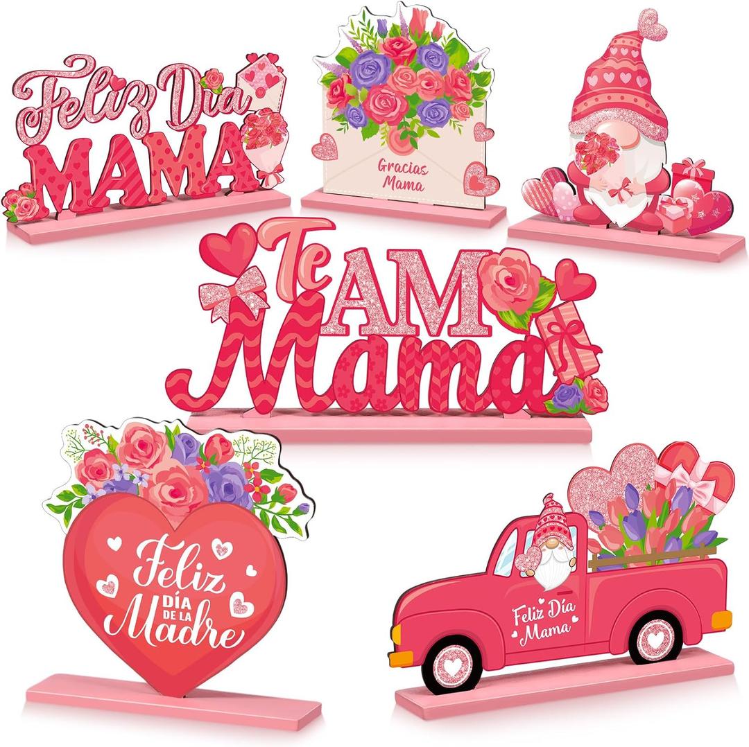 Blosssound 6 Pcs Mother's Day Table Decorations Spainish Feliz Dia De Las Madres Wooden Table Centerpieces Feliz Dia Mama Tabletop Sign Decor for Happy Mothers Day Party Supplies Tabletop Mom Gifts
