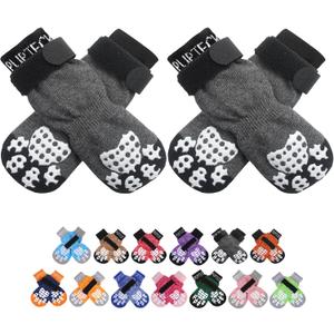 PUPTECK Anti-Slip Dog Socks with Double Sides Grips for Small Dogs Hardwood Floors Prevents Licking, Dog Shoes for Hot Pavement Traction Control Paw Protector for Senior Dogs, Grey S (Small (4 Count))