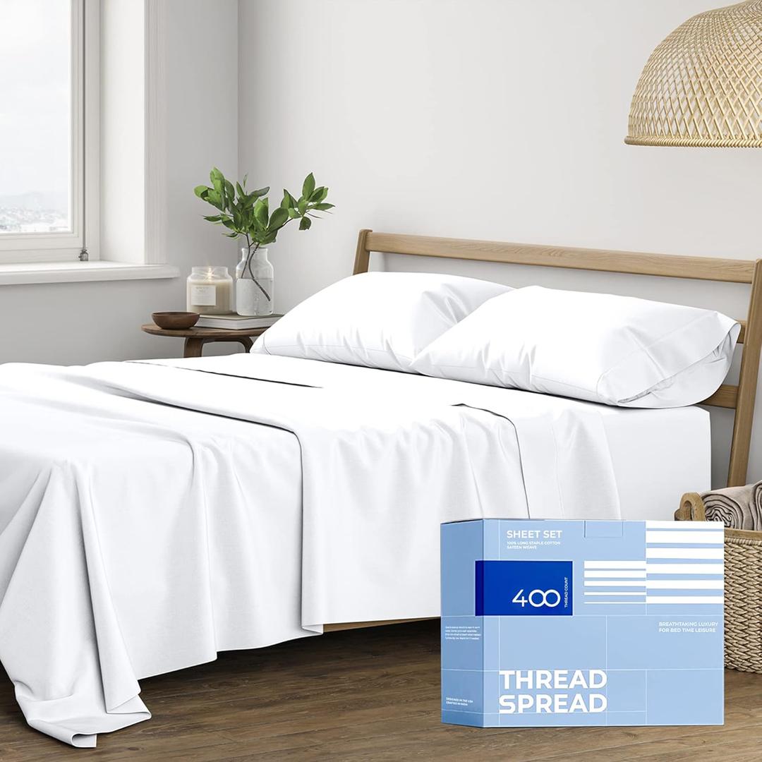 THREAD SPREAD California King Sheets Set - 400 Thread Count 100% Cotton Sheets California King, 4 PC Cal King Sheets Set, Extra Soft, Cooling Bed Sheets, Deep Pocket California King Sheet Set (White)