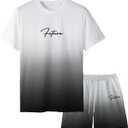 Men's Casual Outfits 2 Piece Ombre Letter Graphic Tees and Drawstring Basketball Shorts Tracksuits (M)