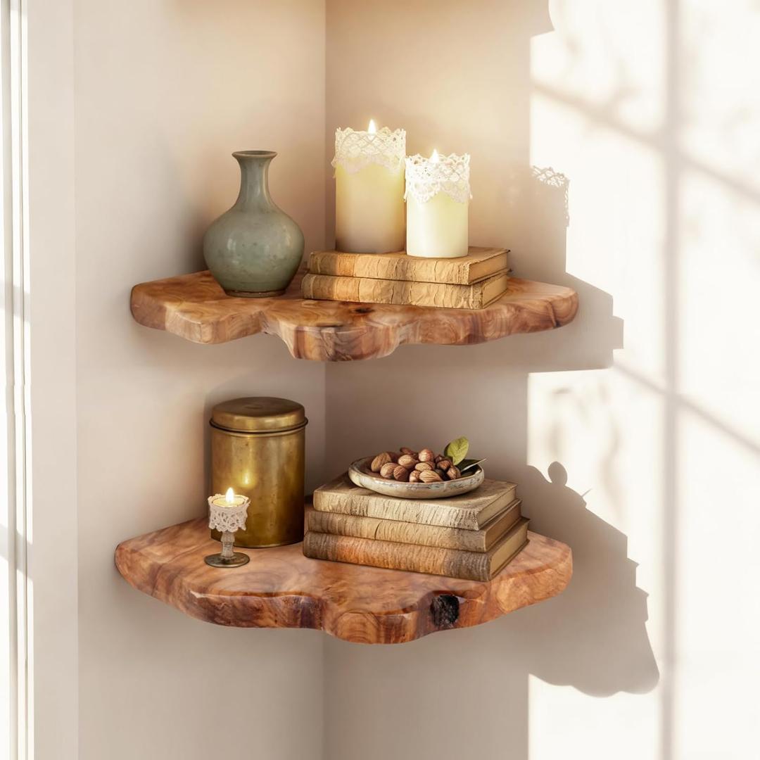 WELLAND Corner Floating Shelf Set of 2, Solid Cedar Wood 10.86 x 11.5 inches Floating Corner Shelves for Bedroom, Living Room, Bathroom, Kitchen