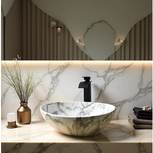 Bathroom Vessel Sink Oval Ceramic Sink with Waterfall Faucet and Drain Combo 16 Inch Marbling White Vessel Sink for Above Counter Artistic Bowl Sink