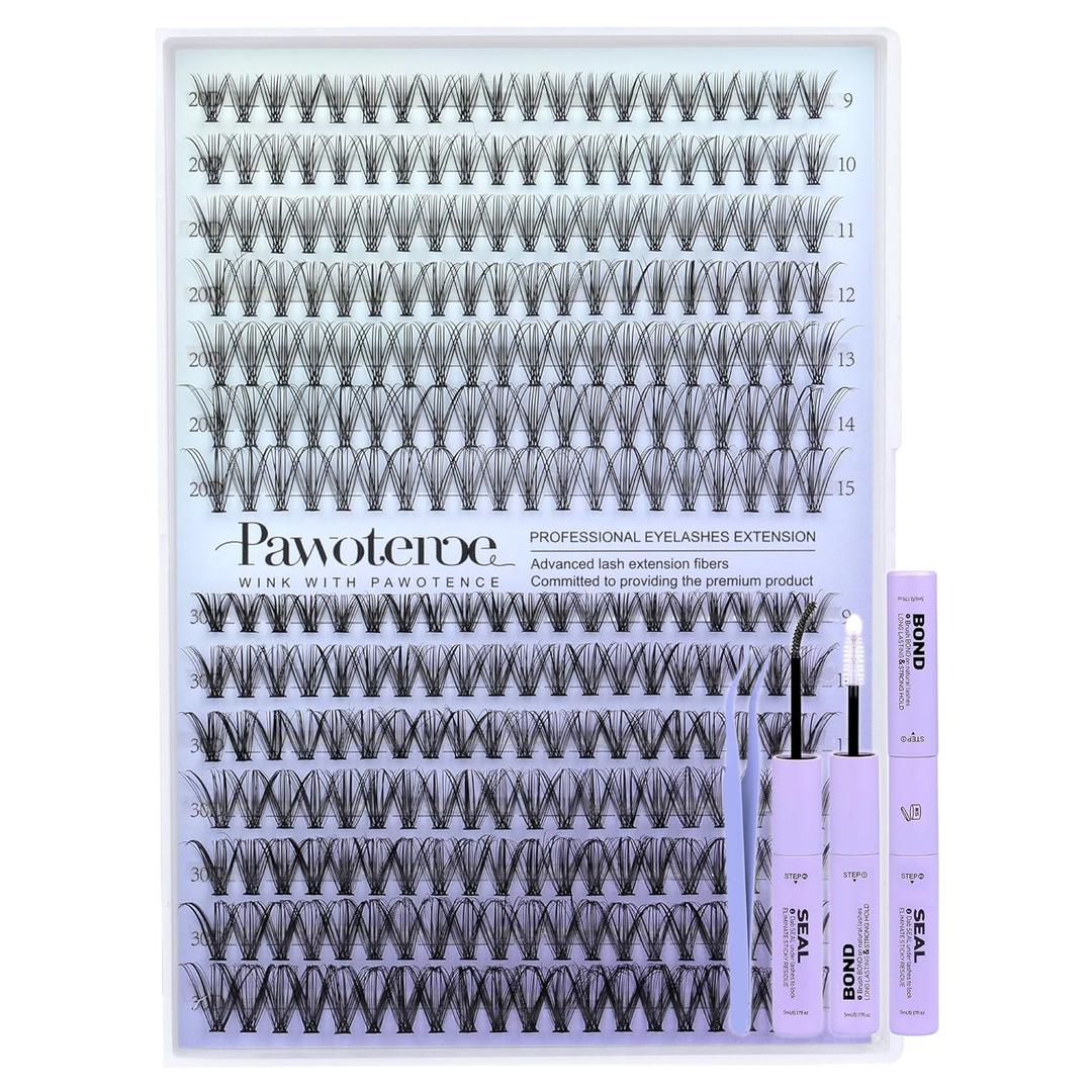 Pawotence Lash Extension Kit DIY 280pcs Individual Lash Clusters Kit 20D&30D Natural 9-15mm Cluster Eyelash Extensions Kit with Lash Bond and Seal, Tweezers for Self Use (20D&30D, 0.07D, 9-15mm, Kit)