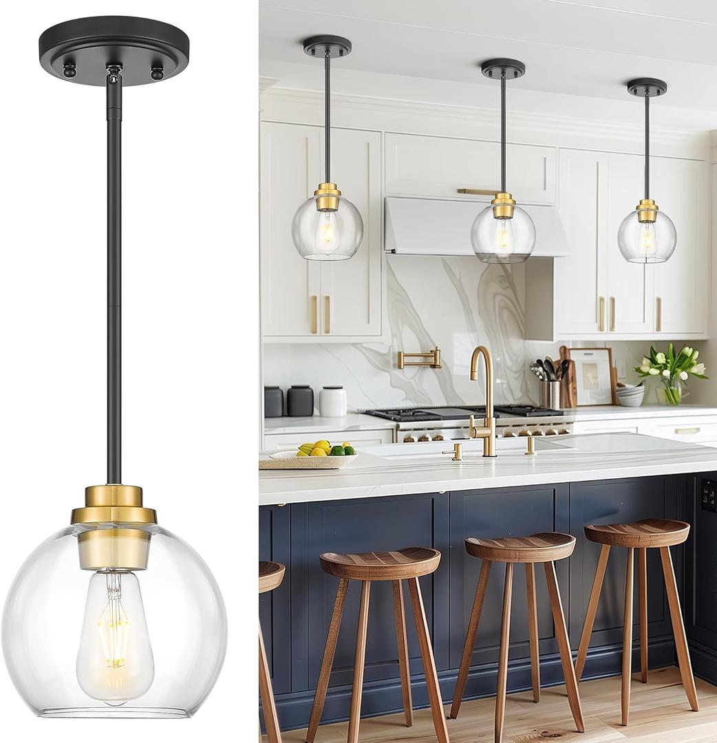 Pendant Lights Kitchen Island, 7" Black and Gold Hanging Lights Fixtures with Clear Glass Globe Shade, Modern Kitchen Island Lighting for Bathroom, AD-22280-1P-KG