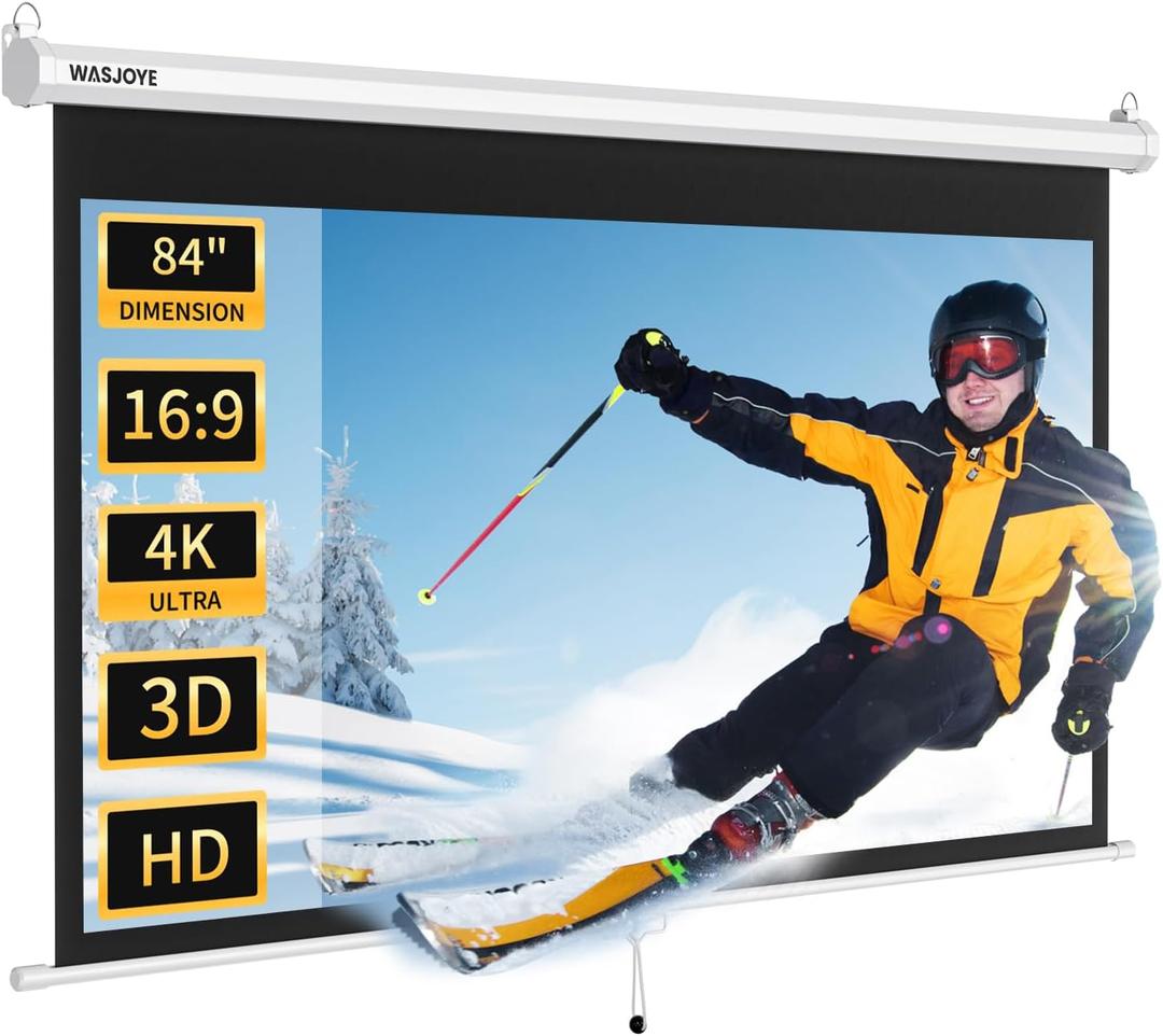 WASJOYE 84'' Projector Screen Manual Pull Down - 16:9 HD Retractable Projection Screen with Auto Locking - 4K Projector Screen Anti-Crease for Home Theater Cinema Office Education Presentation