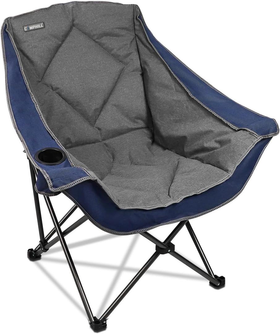 CAMPHILL Folding Camping Chair,Oversized Portable Camping Chair with Cup Holder,Heavy Duty Padded Lawn Chair for Camping, Tailgates, Beach, and Sports (Blue)