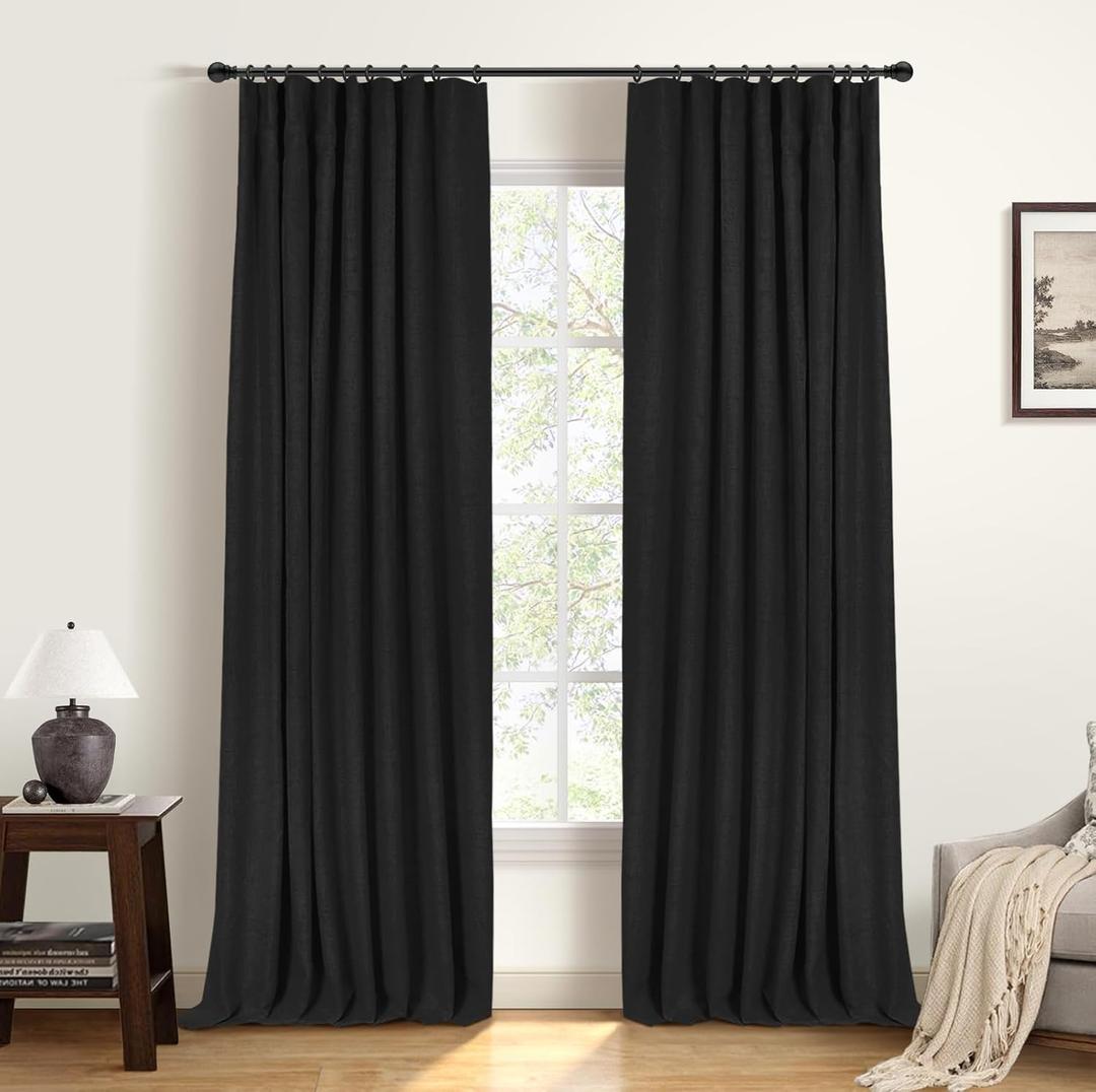 INOVADAY 100% Blackout Curtains for Bedroom, Black Out Curtains 96 Inch Long, Clip Rings Linen Blackout Drapes, Thermal Insulated Room Darkening for Living Room, 2 Panels - Black,W50xL96