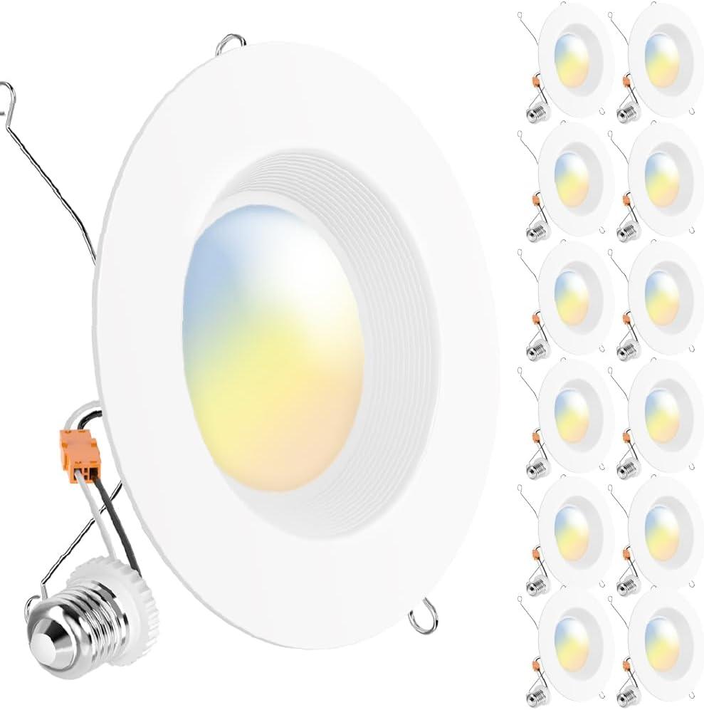Sunco 12 Pack 6 Inch LED Recessed Light, Retrofit Downlight Can Lights for Ceiling, Baffle Trim, 1050 LM, 13W (75W Equivalent), Selectable CCT 2700K/3000K/3500K/4000K/5000K, Dimmable, Damp Rated UL (5 Cct in One (2700k, 3000k, 3500k, 4000k, 5000k))