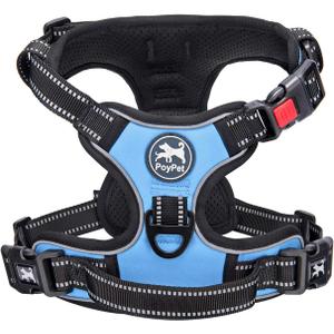 PoyPet No Pull Dog Harness, No Choke Front Clip Dog Reflective Harness, Adjustable Soft Padded Pet Vest with Easy Control Handle for Small to Large Dogs (Light Blue,M)