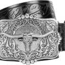 UTOWO Rodeo Western-Longhorn-Bull Cowboy-Belt for Women-Men Bull-Floral-Embossed PU-Leather Cowgirl Waist Belt for Jeans (Black)