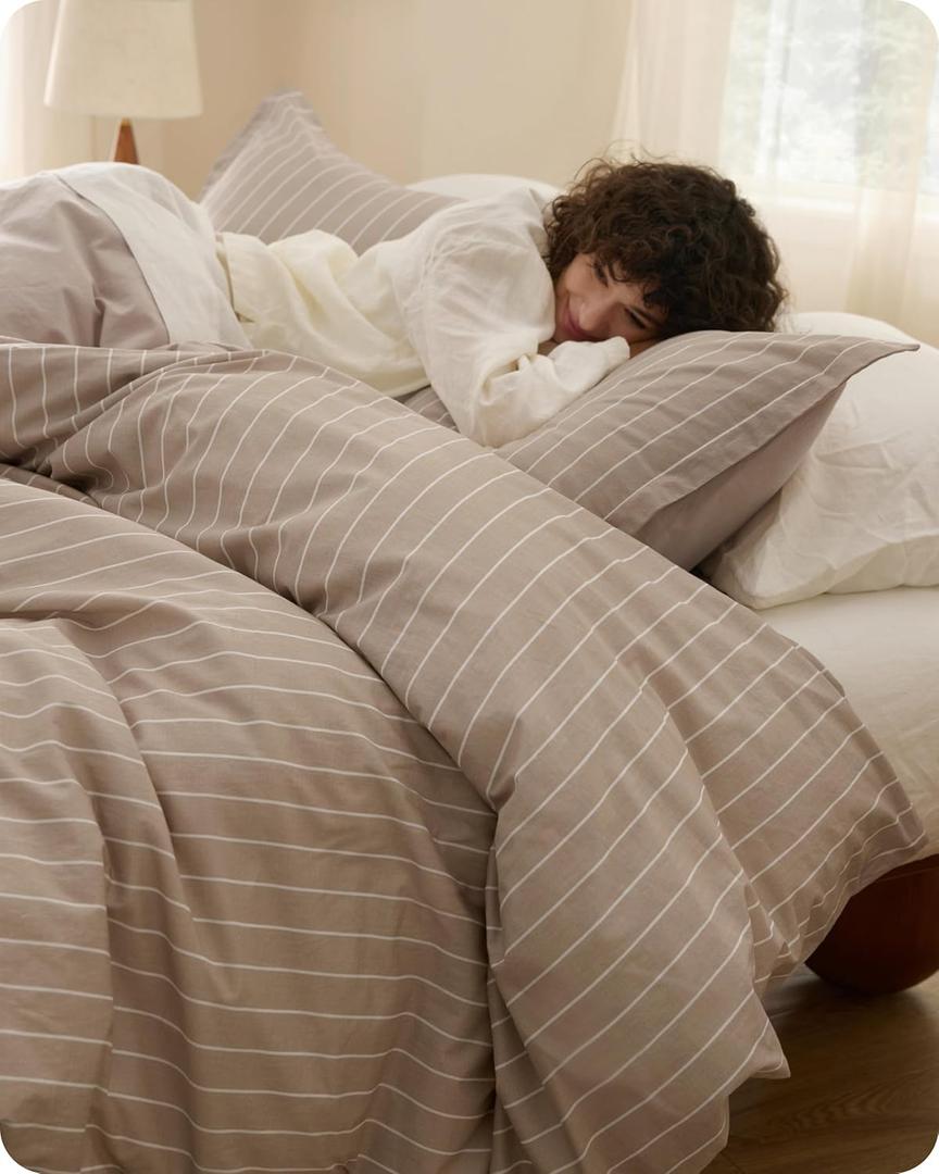 Bedsure Striped Duvet Cover Queen Size,100% Washed Cotton Duvet Cover Linen Like Textured, Classic Striped Pattern Enhances Bedroom Comfort and Style, Stripes Tan/White, 90"x90"