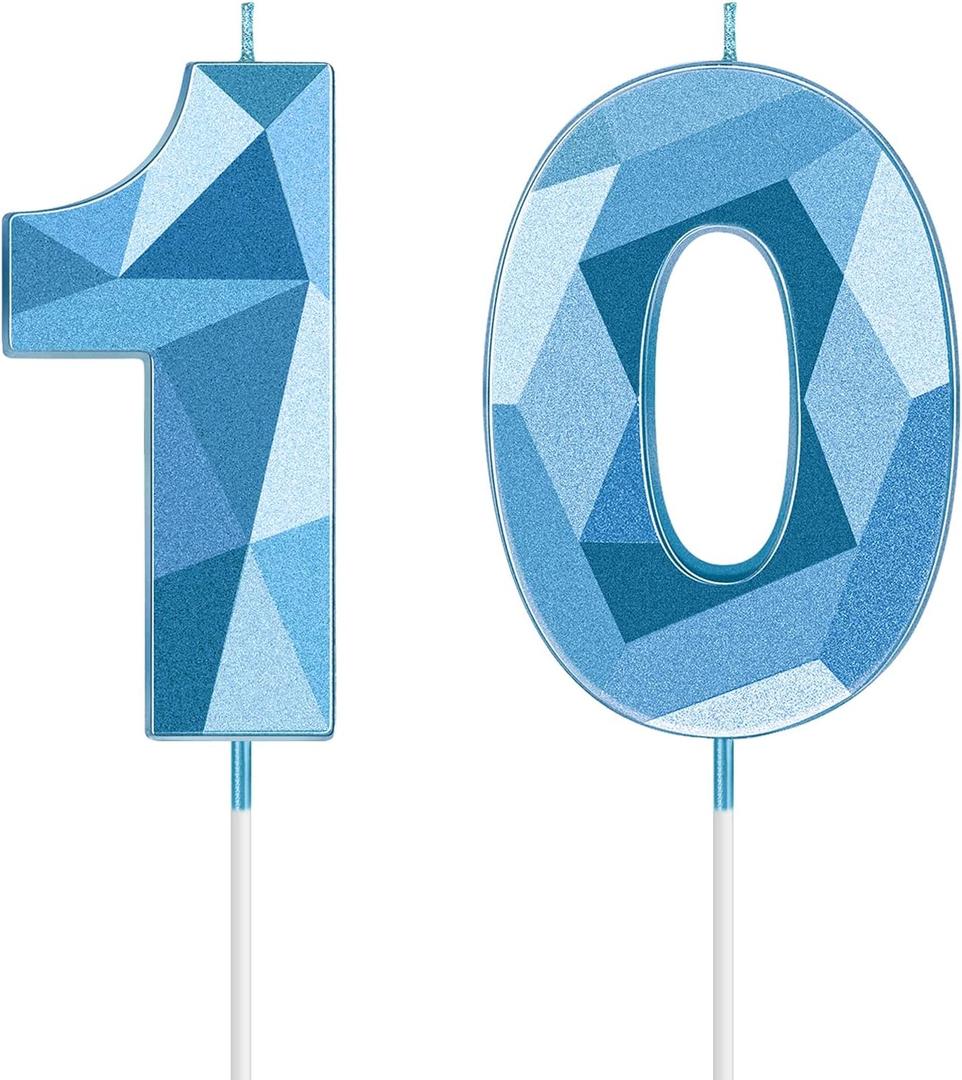 Nuanchu 10th Birthday Candles 3D Diamond Shape Number Candles Numeral Birthday Cake Topper Cake Candles for Family Baking Theme Party Decoration Cake Decorating Supplies (Blue)