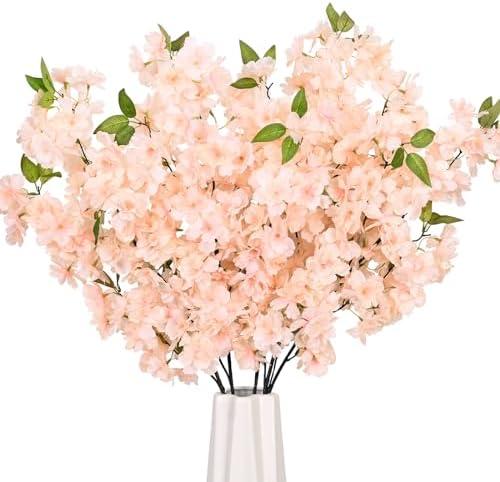 Champagne Faux Cherry Blossom Branches, Artificial Cherry Blossom Stems Cherry Blossom Flowers Vase Arrangements for Wedding Home Party Kitchen Decor