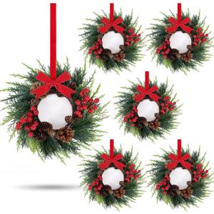 6 Pcs 3 Inch Christmas Wreaths for Cabinet Artificial Cedar Swags Wreath with Red Berries Pine Needles for Xmas Kitchen Front Door Winter Xmas Hanging Wreaths for Christmas Farmhouse Home Decorations