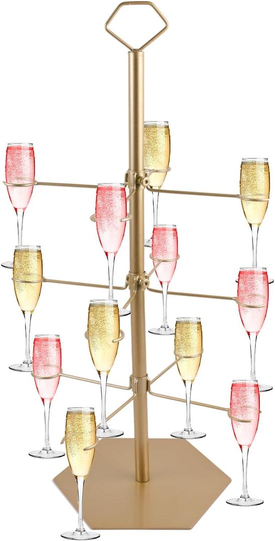 12 Drinks Cocktail Tree Stand, 3 Tier Metal Drinks Party Display Stand for Martini, Margarita Cups Tasting Wedding Bridal Shower Party,Gold