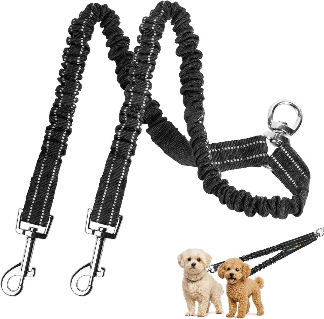MingXpet 2 Dog Leash, Dog Leash for 2 Dogs, 360 Swivel No Tangle Double Walking Training Leashes for Small Dogs, Comfortable Shock Absorbing Reflective Bungee, Black