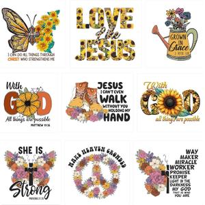 9Pcs Jesus Sunflower Iron on Decals for Clothing DIY Heat Transfer Vinyl Stickers for T-Shirt Jeans Pillow Cover Craft Appliques Decor
