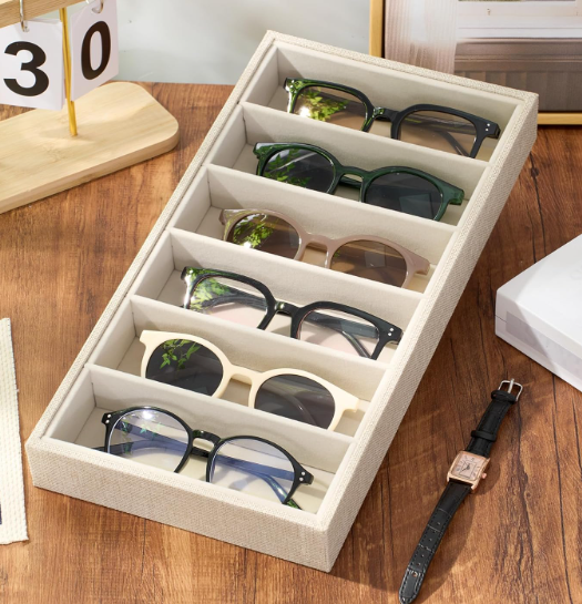 Juexica 2 Pcs Velvet Sunglasses Organizer Tray 6 Grid Sunglass Organizer Velvet Tray Stackable Glasses Display Case for Women Glasses Jewelry Display Watch (Beige)