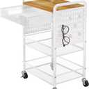 3 Tier Rolling Utility Cart with Wheels - Metal Cart with Wood Tabletop, Slide Drawer and Pegboards & Hooks, Versatile Storage Organizer Cart for Home Office Kitchen, White