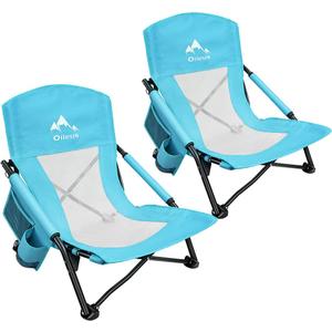 Oileus Low Beach Chair for Beach Tent/Shelter/Camping/Outdoor Ultralight Backpacking Folding Recliner Chairs with Cup Holder/Storage Bag, Carry Bag, Breeze Mesh Back, Compact Duty 2 Pcs