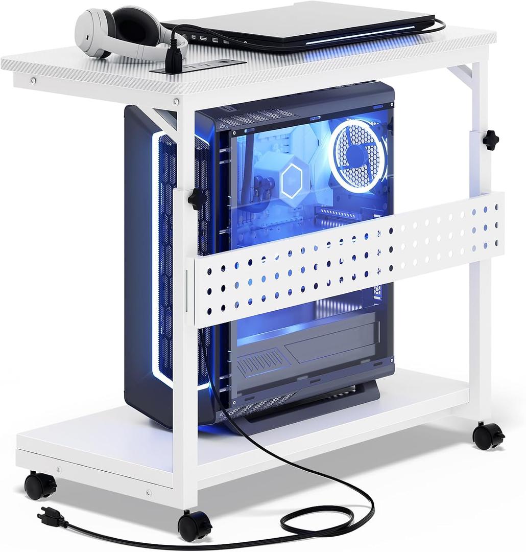 Besiost Computer Tower Stand with Power Strips, 4 Levels Manual Height Adjustable PC Tower Stand for Under Desk, Mobile Rolling CPU Holder, Computer Cart with Wheels, 24", Carbon Fiber White