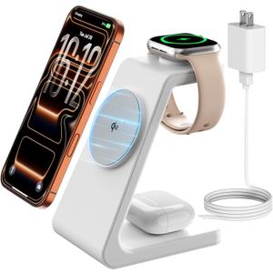 Magsafe Wireless Charging Station for iPhone: Qi2 Certified 15W Fast Charging Station, 3 in 1 Magnetic Charger Stand for iPhone 17/16/15/14/13/12 Series, Apple Watch, AirPods 4/3/Pro (pearl white)