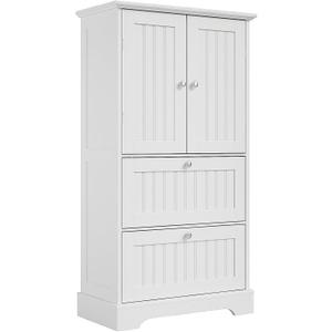 Treocho Bathroom Floor Cabinet, Bathroom Storage Cabinet with Drawers and Adjustable Shelf, Freestanding Cupboard Pantry for Kitchen, Living Room, Dining Room, White