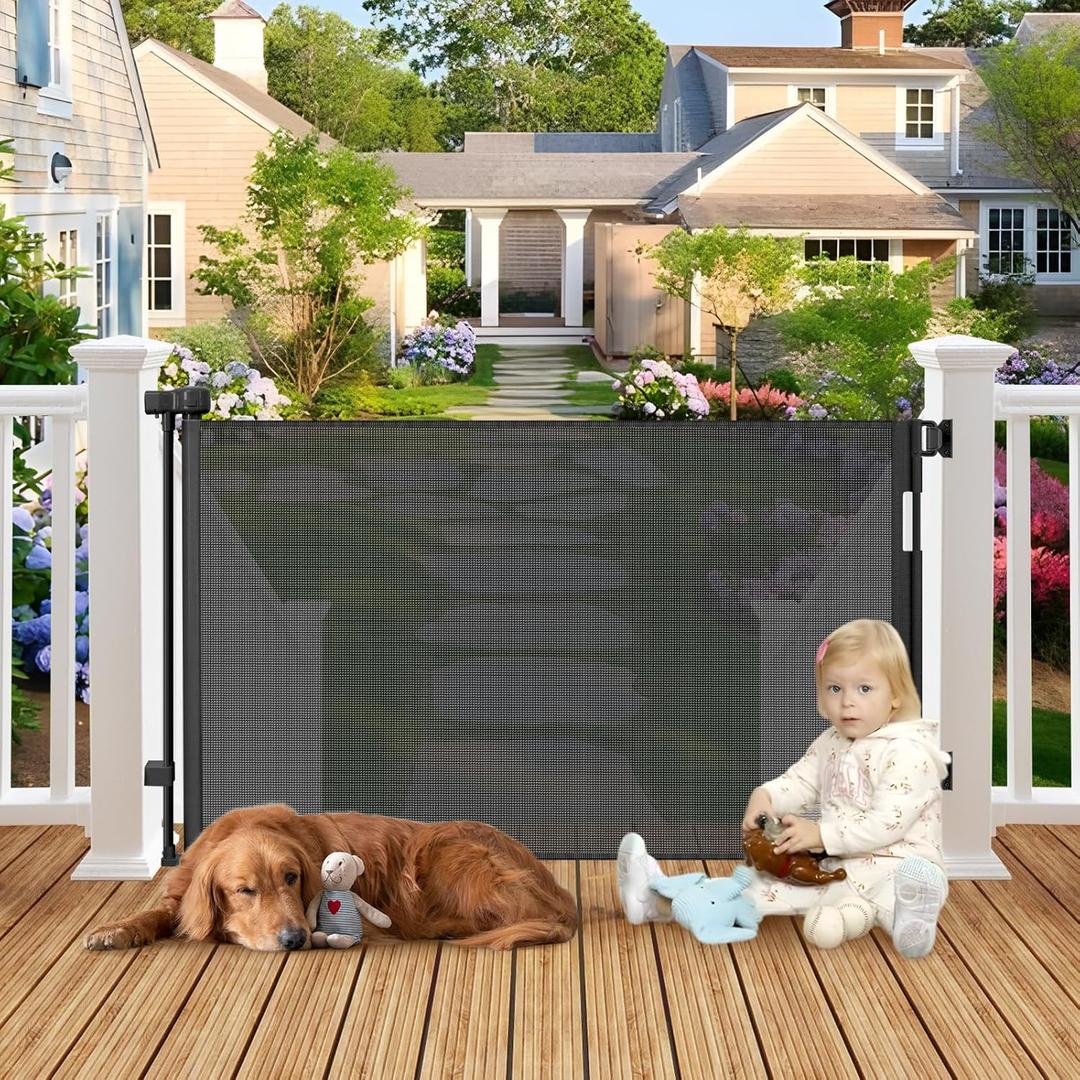 Weatherproof Outdoor Retractable Gate for Dogs with No Rust Stainless Steel Screws and Rods, 55" Wide Waterproof Retractable Baby Gates, Scratch-Resistant Mesh Safety Outdoor Pet Gate for Deck, Black (35" X 55")