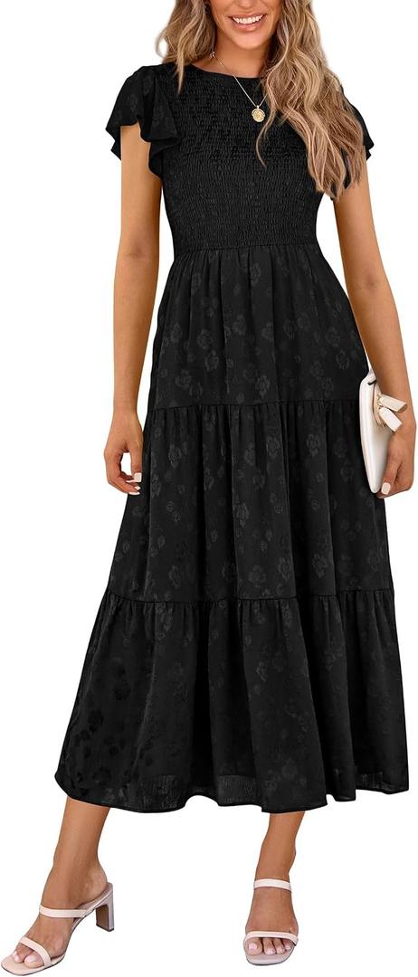 PRETTYGARDEN Midi Dresses for Women 2026 Summer Floral Cap Sleeve Smocked A Line Long Elegant Spring Wedding Guest Dress (Black, XXL)