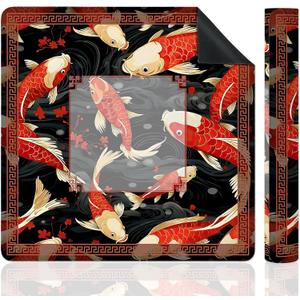 Red and Black Japanese Mahjong Mat for Table, Traditional Asian Red Koi and Cherry Blossom 31.5" x 31.5" Non-Slip & Noise Reduction Mahjong Mat for Poker Dominoes Cards & Board Games