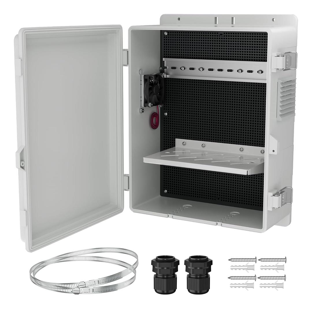 Joinfworld Vented Outdoor Electrical Box Waterproof Nema Enclosure 16x11x6 Plastic WiFi Box with Stainless Steel Buckle Fan Vented Dust Screen (Stainless Steel Latch15.7"x11"x5.9")