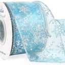 Ribbli Snowflake Glitter Wired Ribbon, Ice Blue Organza Sheer with Silver Glitter Snowflake Pattern and Silver Metallic Edge,2-1/2 Inch x 10Yards Christmas Ribbon for Tree Decoration