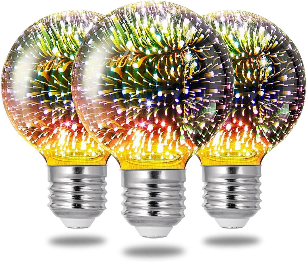 Porseme 3D Fireworks Decorative Light Bulb, E26 Base, 4W, AC100-240V, Glass Bulbs with Soft Warm Light, Shiny Decor for Home, Bedroom, Party (Included 3-Pack G80 Bulbs)