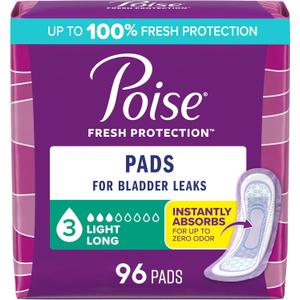 Poise Incontinence Pads & Postpartum Incontinence Pads, 3 Drop Light Absorbency, Long Length, 96 Count (6 Packs of 16)