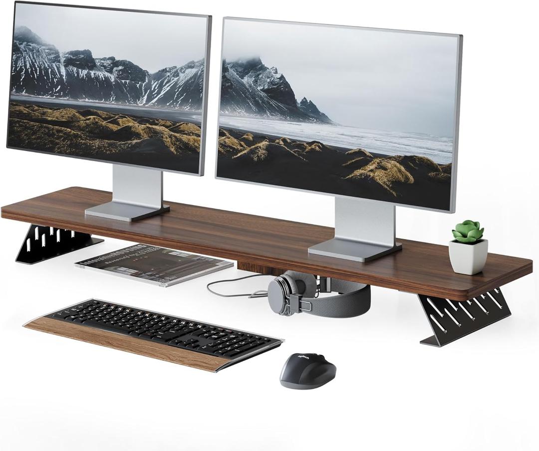 Fenge Dual Monitor Stand Riser, 42.5 Inch Desk Top Shelf for 2 Monitors, Computer Stands for Desk, Wood & Steel Desktop Riser for Laptop, PC, Printer (Brown)