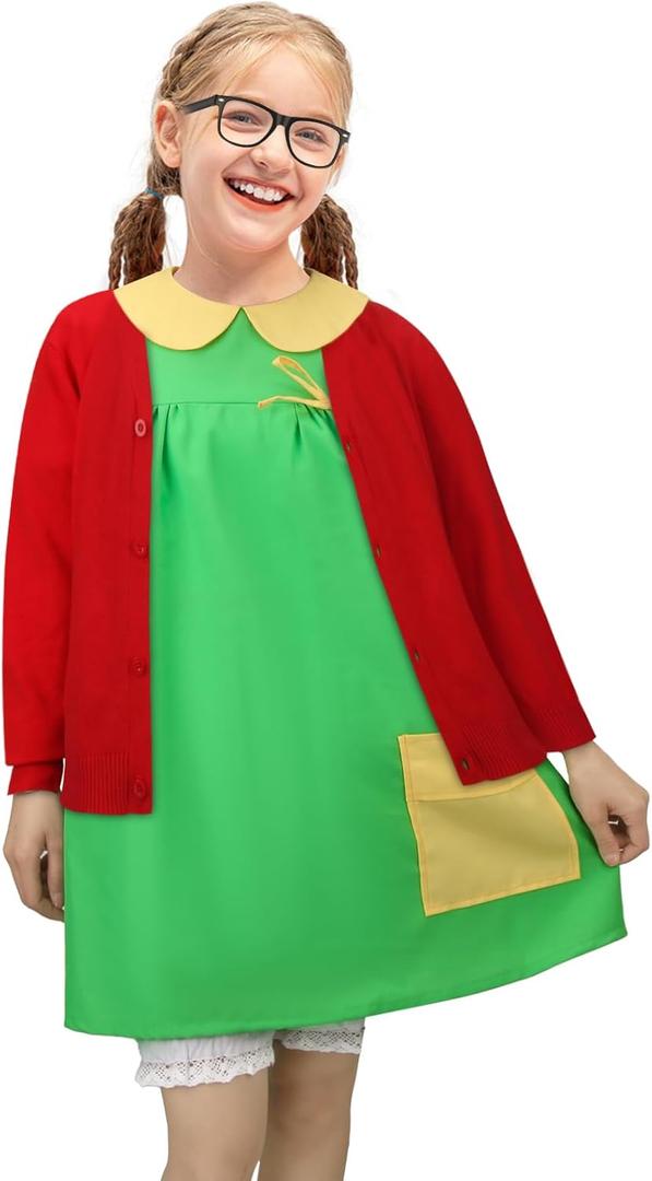 Women Girls Costume Green Dress Red Knit Cardigan Shorts Glasses Full Set Halloween Cosplay Outfit (140)