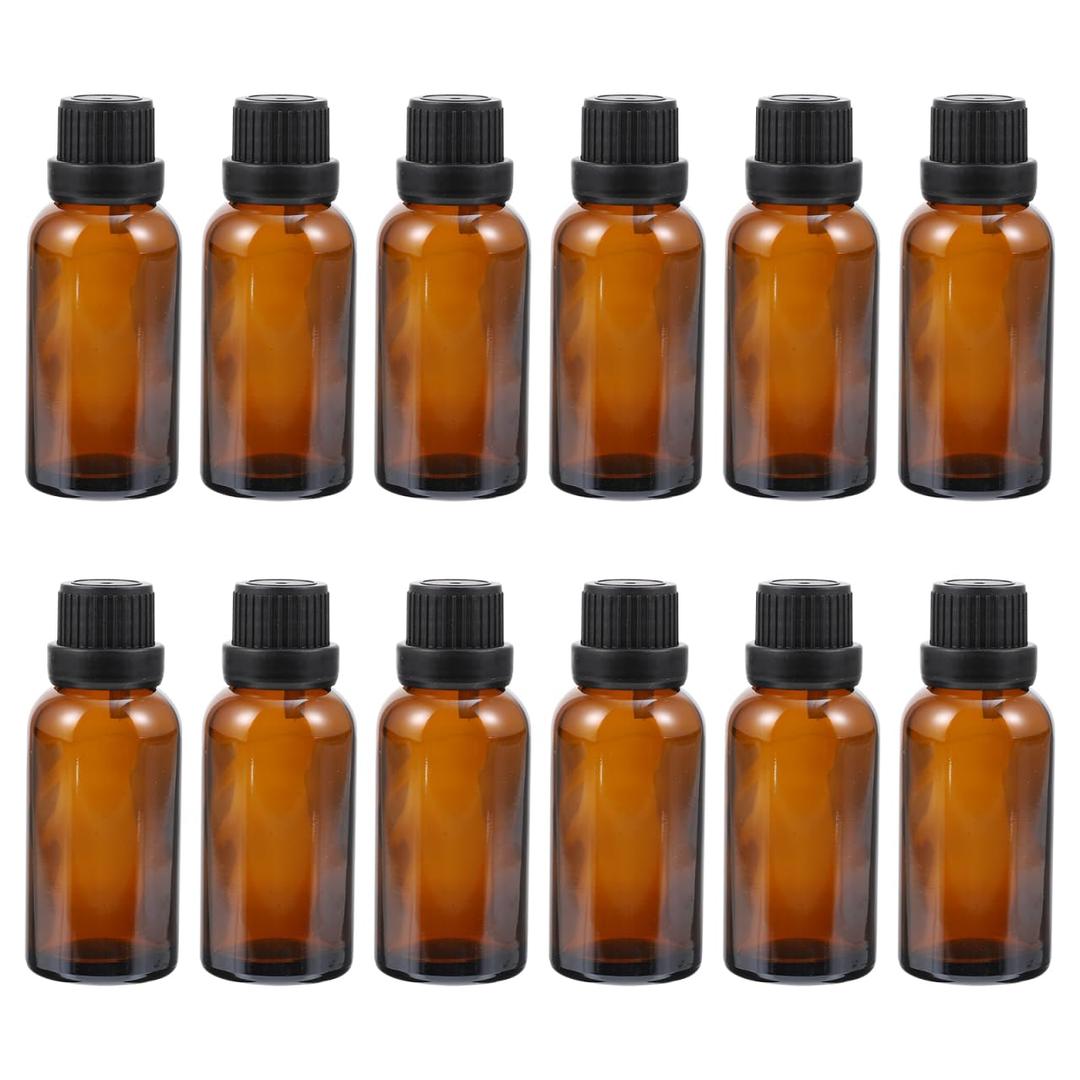 Uonlytech 12Pcs Essential Oil Bottles, 15ml Amber Glass Bottle with Orifice Reducer Refillable Liquid Dispenser for Oil Blends Perfumes Lab Chemicals (0.5 Ounces, Coffee)