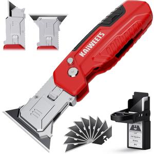 KAIWEETS Utility Knife Scraper, 2-in-1 Folding Box Cutter with Blade Storage, Heavy Duty Zinc Alloy Body, Retractable Design, 12pcs SK2 Black Blades replacement, EDC Tool for Home, Office, DIY Red