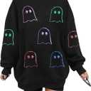 Halloween Sweatshirts for Women Sequin Ghost Long Sleeve Shirt Oversized Spooky Season Pullover Tops (Medium)