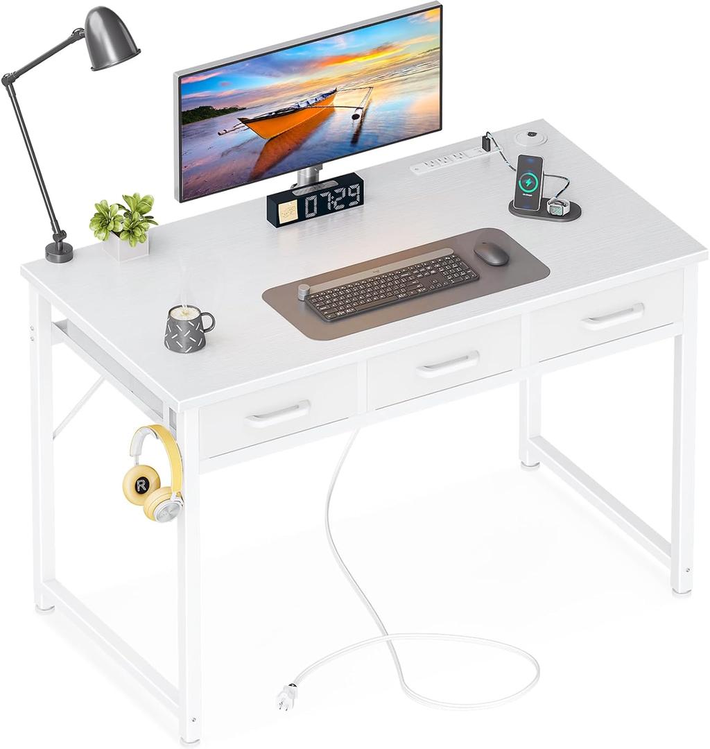 AODK 54 Inch Computer Desk with 3 Fabric Drawers, Office Desk with USB/Type-C Charging Ports & Power Outlets, Vanity Desk with Iron Hook for Bedroom, Study/Writing/Work Table for Bedroom, Black