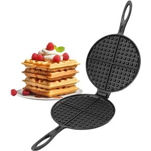 DVK Cast Iron Waffle Cookware Two Piece Hinged Non Electric Waffle Iron for Stovetop or Grill Makes 7" Round Waffles Design Waffle Pan (8 IN)
