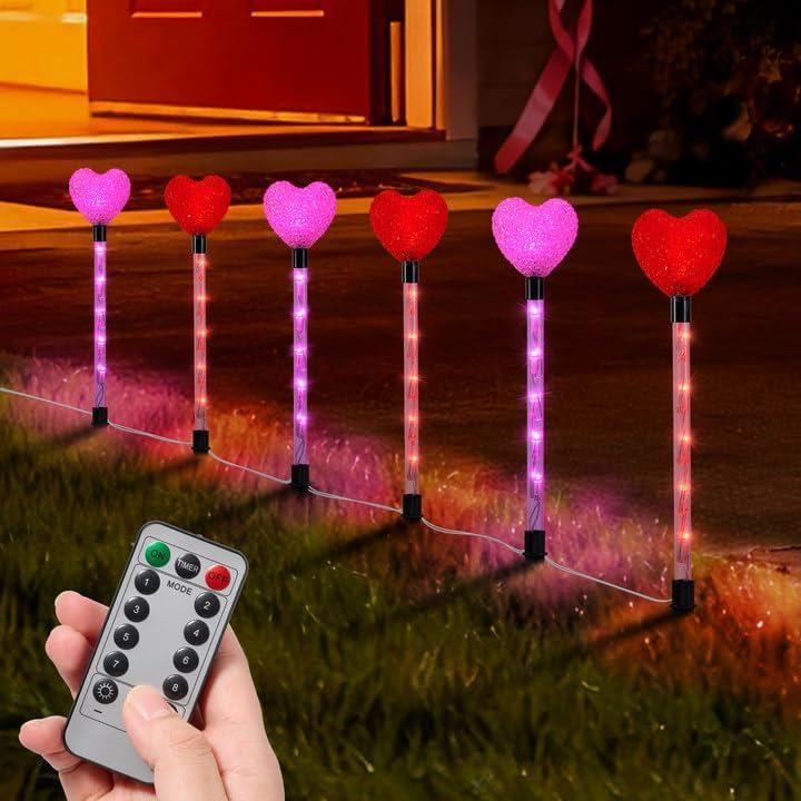  YUNVI 6 Pack Valentine's Day Pathway Lights,8 Modes LEDs Red & Pink Heart Stake Light with Timer Valentine Walkway String Lights Markers for Outdoor Backyard Patio Lawn Garden Party Decoration