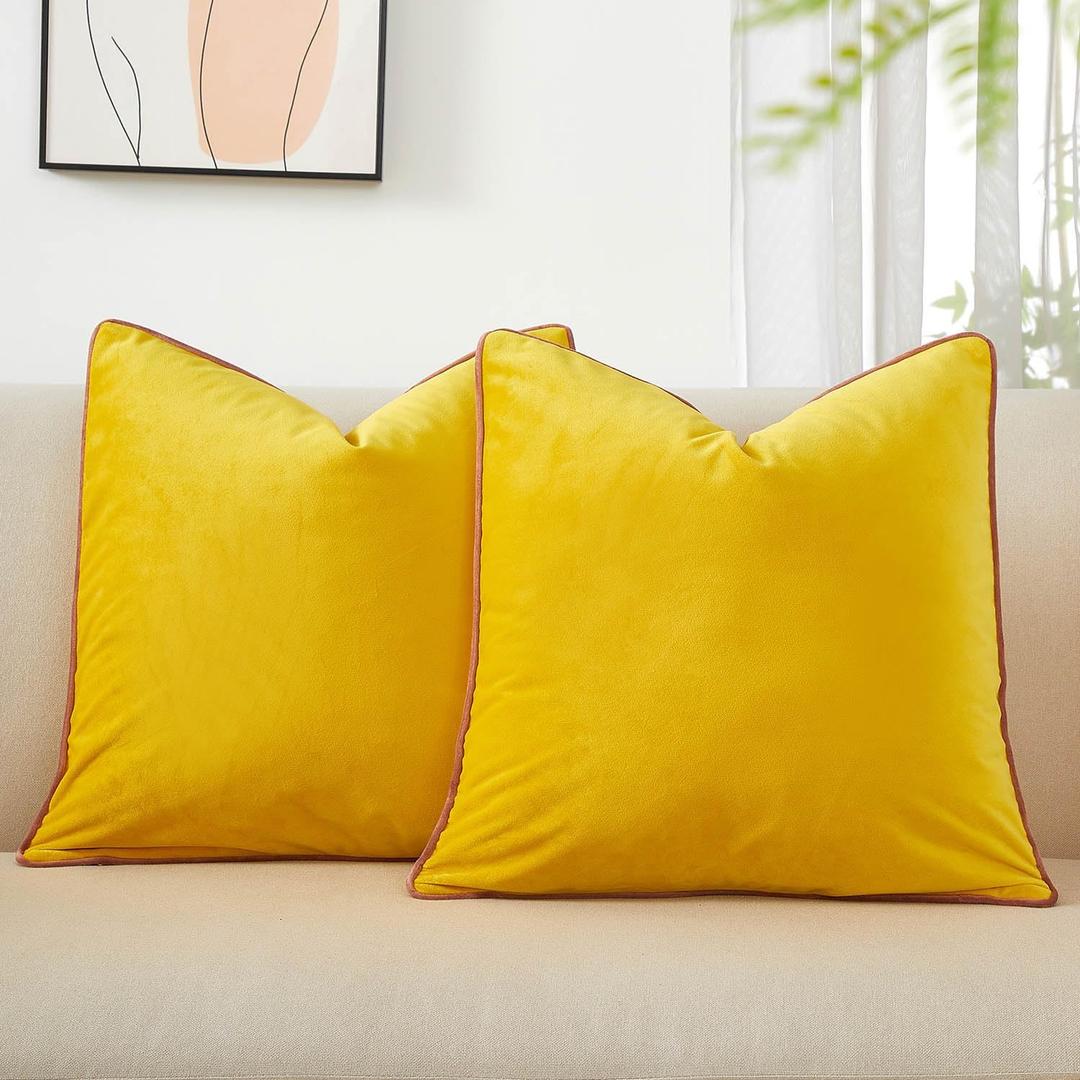 JUSPURBET Yellow Luxury Velvet Throw Pillow Covers with Piping 24x24 Inch Set of 2 Washable Accent Cushion Cases for Sofa Bed Home Decor with Hidden Zipper