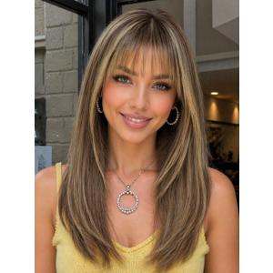 AISI HAIR Beginner Friendly Wigs Brown Highlight Wig with Bangs for Women, Middle Length NaturalLayered Straight Wig for Daily Party