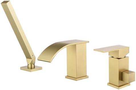 TapLong Waterfall Roman Tub Faucet with Hand Shower, Deck Mount 3 Hole Bathtub Faucet Set High Flow Bath Tub Faucet Set Deck Mount Solid Brass, Brushed Gold，03766BG