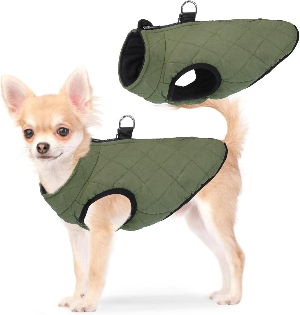 SCENEREAL Winter Dog Vest Coat with Harness Built In, Warm Puppy Jacket for Small Medium Dogs, Cold Weather Coat with Zipper, Fleece Puffer Vest Windproof Snow Clothes (S (Chest 14"), #1 Olive-Matte)