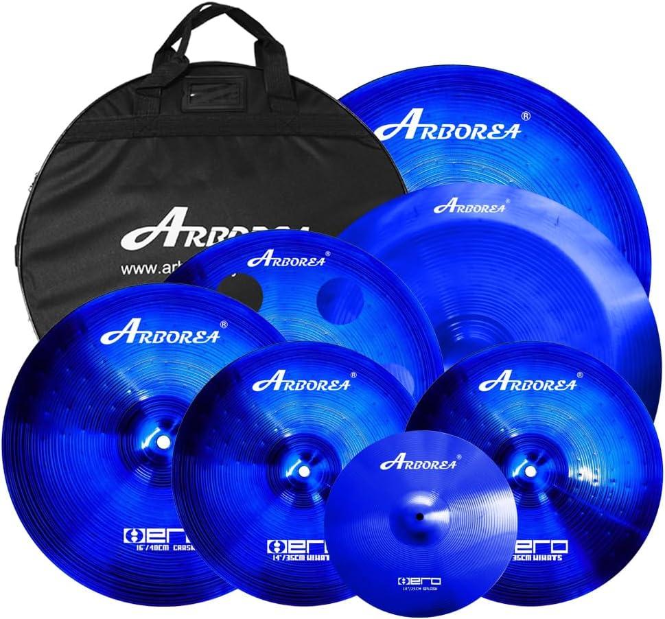 Arborea Cymbal Pack for Drum 7 pcs Blue Hero Series Include 14"Hihats 16"Crash 20"Ride Bonus 10" Splash 16"Ozone Stacker 18" China Cymbal Free Cymbal Bag