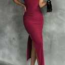 Womens' Sexy Summer One Shoulder Bodycon Long Stretchy Skin Tight Side Slit Date Night Dresses Burgundy (XS)
