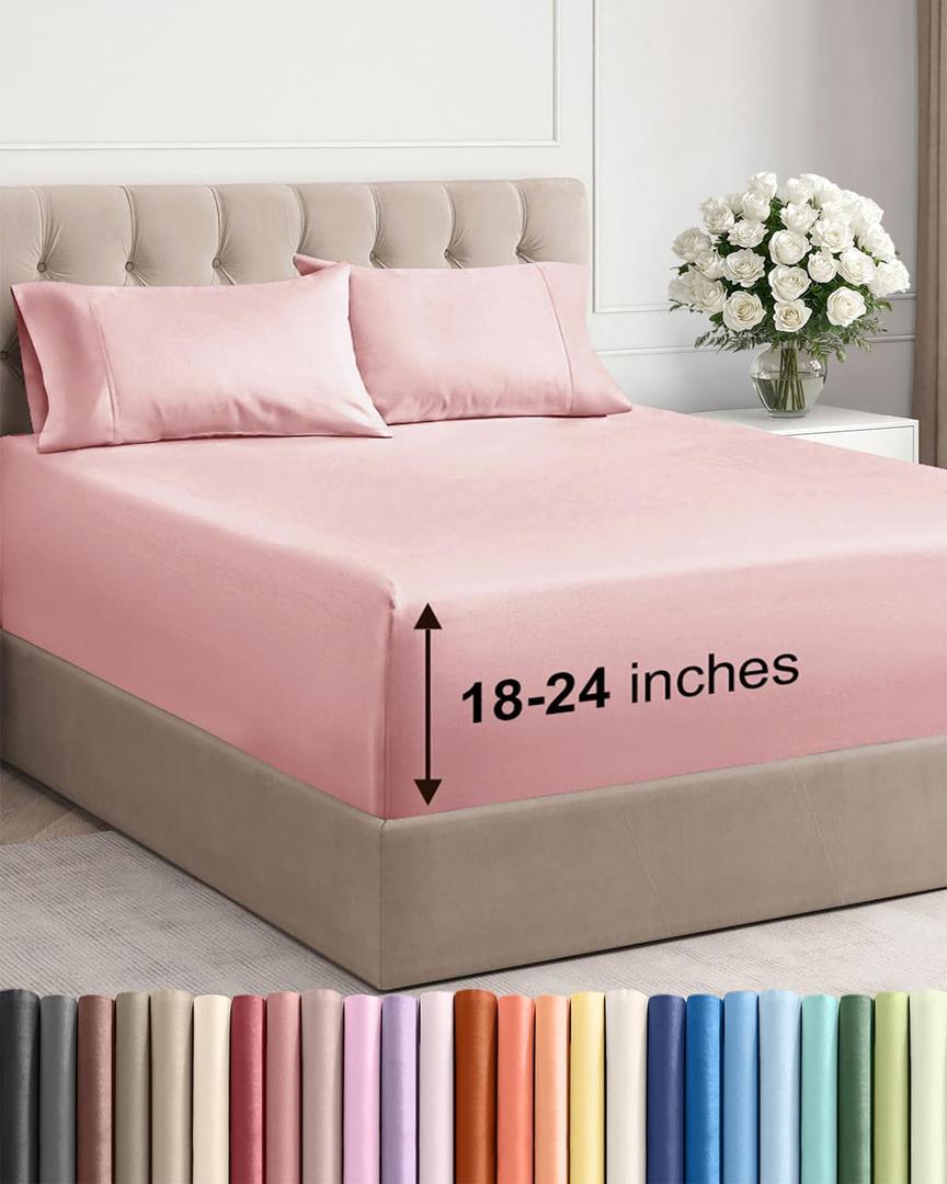 Extra Deep King Sheet Set - 4 Piece Breathable & Cooling Bed Sheets - Easily Fits 18 to 24 inch Mattress - Ultra Soft, Wrinkle & Fade Free with Extra Deep Pockets - Hotel Luxury Bedding - Baby Pink