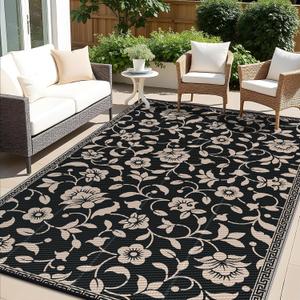 OLANLY Waterproof Outdoor Rug 8x10 ft, Outdoor Plastic Straw Rug with Flower Pattern, Reversible RV Mat for Patio, Camping, Balcony, Deck, Backyard, Black & Beige